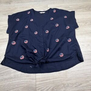 Lucky Brand Navy Button-Down Shirt with Red & White Flag Dot Embroidery